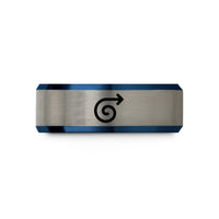special occasion ring – blue & grey tungsten curly arrow wedding band