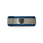 custom rings for friends – blue & grey tungsten soccer ball goal wedding band