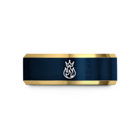 unique rings for couples – gold & blue tungsten streak flame crown wedding band