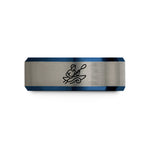 engraved tungsten ring him – black & blue & grey tungsten kayaker paddling wave wedding band