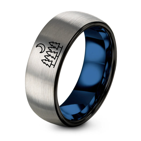 Treeline Moon – Tungsten Wedding Band, 8 mm, Grey, Blue Comfort-Fit Unisex