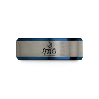 women's tungsten wedding band – black & blue & grey tungsten treeline moon wedding band