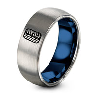 BLACK BLUE GREY Tungsten Carbide Rings for Men – blue & silver tungsten tire tread ring
