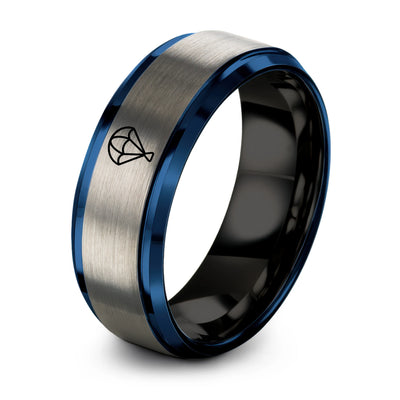 Parachute – Tungsten Wedding Band, 8 mm, Black, Blue Comfort-Fit Unisex