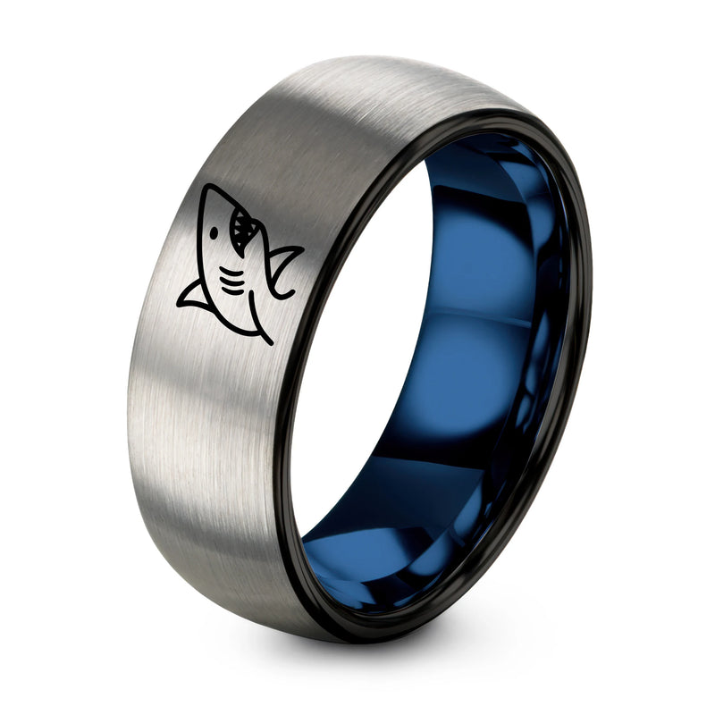 Great White Shark – Tungsten Wedding Band, 8 mm, Black, Blue Comfort-Fit Unisex