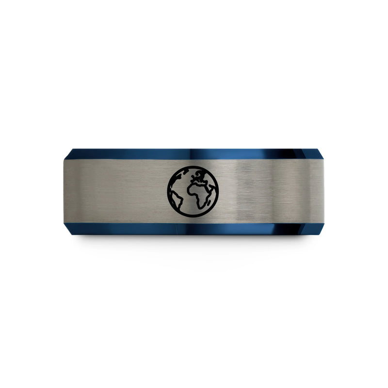 The World – Tungsten Wedding Band, 8 mm, Gray, Blue Comfort-Fit Unisex