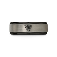 tungsten ring for her – black & blue & gray tungsten luna moth wedding band
