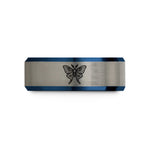 tungsten ring for her – black & blue & grey tungsten luna moth wedding band