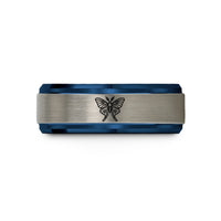 engraved ring band her – blue & silver tungsten luna moth wedding band