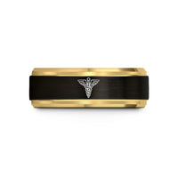 unisex tungsten carbide ring – black & gold tungsten medical staff emblem wedding band