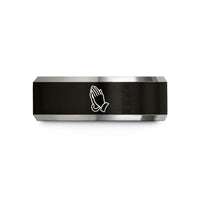 engraved rings for couples – black & gray tungsten praying hands wedding band