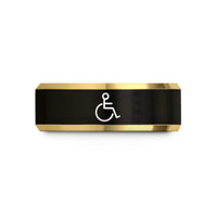 comfort fit tungsten bands – black & gold tungsten wheelchair symbol wedding band