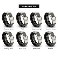 font options for inside engraving on black & grey blood drop rings