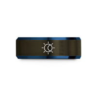 engraved ring for him – gunmetal & blue tungsten solar eclipse wedding band