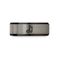 woman's tungsten wedding band – black & blue & silver tungsten faceted music note wedding band
