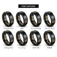font options for inside engraving on gunmetal & blue blueprint grid rings