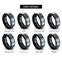 font options for inside engraving on black & blue & gray bow arrow rings