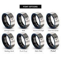 font options for inside engraving on black & blue & gray bow arrow rings