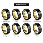 font options for inside engraving on black & gold bowen knot heart rings