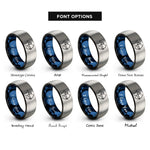 font options for inside engraving on black & blue & gray bowhunter silhouette draw rings
