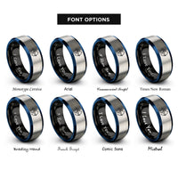font options for inside engraving on black & blue & grey bowhunter silhouette draw rings