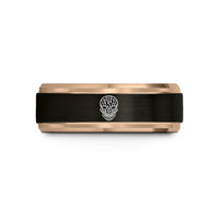 engraved rings for couples – black & rose gold tungsten cyber skull wedding band