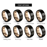 font options for inside engraving on black & rose gold bride groom silhouette rings