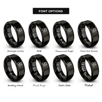 font options for inside engraving on black bride groom silhouette rings