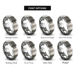 font options for inside engraving on grey bride groom silhouette rings