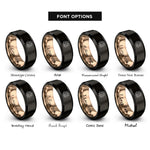 font options for inside engraving on black & rose gold brides embrace rings