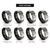 font options for inside engraving on black & silver brush comb crossed rings