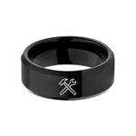 men's brushed metal rings – black tungsten crossed hammer wrench wedding band