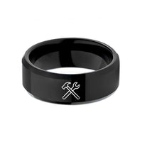 men's brushed metal rings – black tungsten crossed hammer wrench wedding band