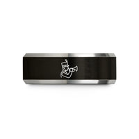 gunmetal bevel edge ring – black & grey tungsten marching horn line wedding band