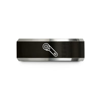 rose gold wedding band – black & grey tungsten rotary cutter wedding band