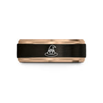 unisex gold ring design – black & rose gold tungsten witch hat paw wedding band