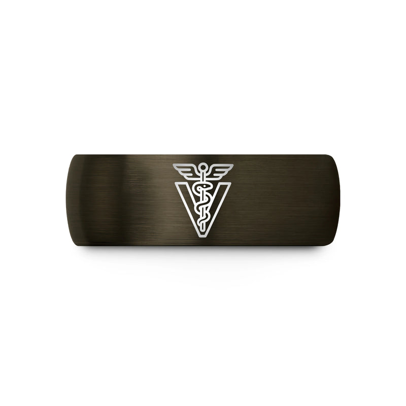 Veterinary Caduceus – Tungsten Wedding Band, 8 mm, Gunmetal, Black Comfort-Fit Unisex