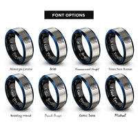font options for inside engraving on black & blue & grey bullseye arrow rings
