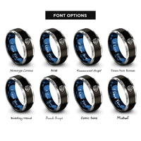 font options for inside engraving on black & blue & gray butterflyfish rings