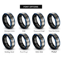 font options for inside engraving on black & blue & grey butterflyfish rings