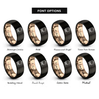 font options for inside engraving on black & rose gold canvas on easel rings