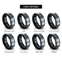 font options for inside engraving on black & blue & gray capacitor symbol rings
