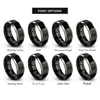 font options for inside engraving on black & gray carnation single bloom rings