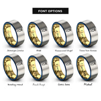 font options for inside engraving on gold & blue & gray carrot pattern rings