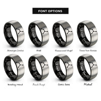 font options for inside engraving on black & gray cassiopeia dot constellation rings