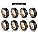font options for inside engraving on black & rose gold cat leaves wreath rings