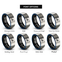 font options for inside engraving on black & blue & grey catch net rings
