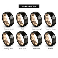 font options for inside engraving on black & rose gold celtic heart knot rings