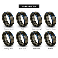 font options for inside engraving on gunmetal & blue chatbot bubble rings