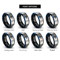 font options for inside engraving on black & blue & gray checkered flag rings